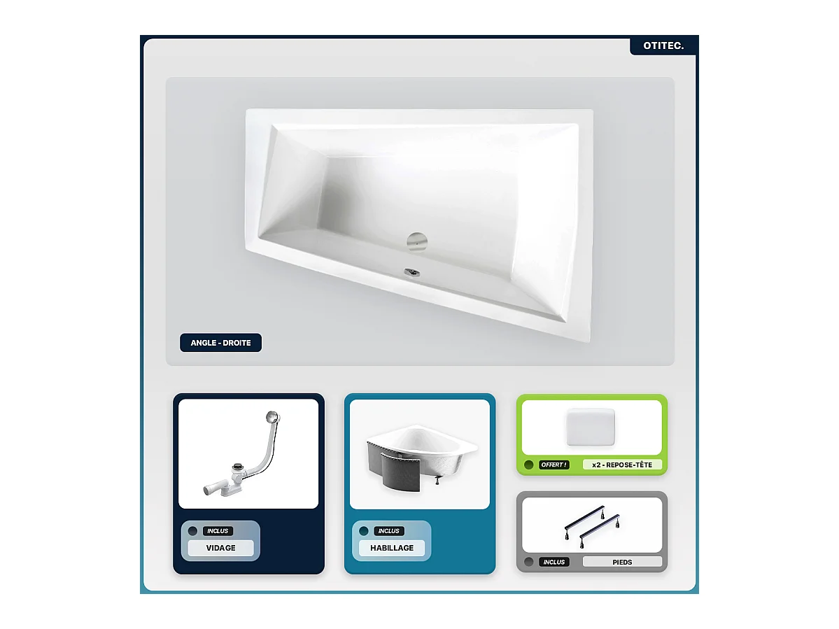 Baignoire asymétrique - 170 x 125 cm - Droite - avec Habillage - Pieds - 2 Repose-têtes - Vidage Chrome - INTIMA DUO
