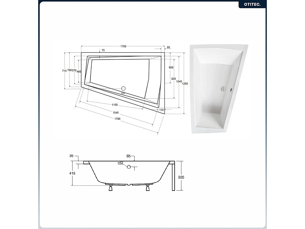 Baignoire asymétrique - 170 x 125 cm - Droite - avec Habillage - Pieds - 2 Repose-têtes - Vidage Chrome - INTIMA DUO