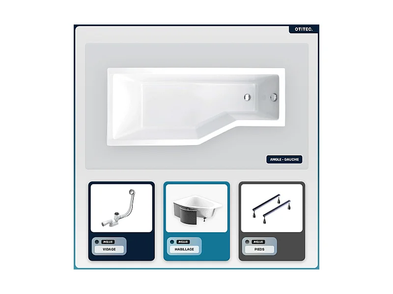 Baignoire asymétrique - 150 x 75 cm - Gauche - avec Habillage - Pieds - Vidage Chrome - INTEGRA