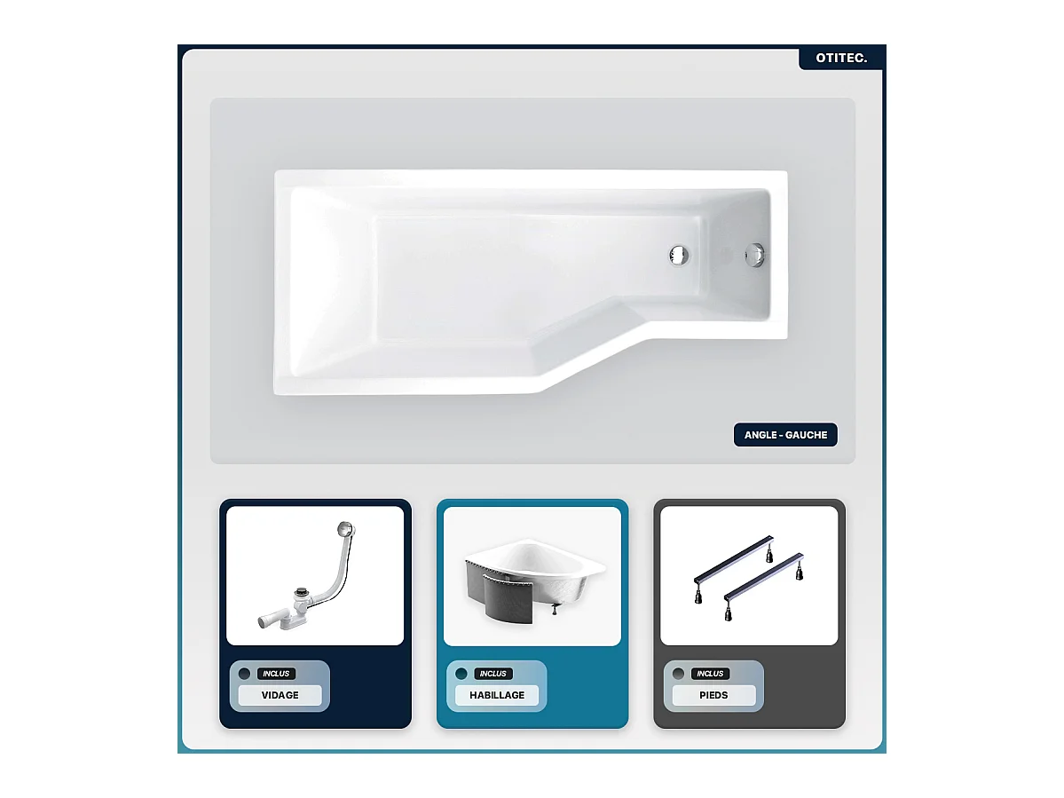 Baignoire asymétrique - 150 x 75 cm - Gauche - avec Habillage - Pieds - Vidage Chrome - INTEGRA