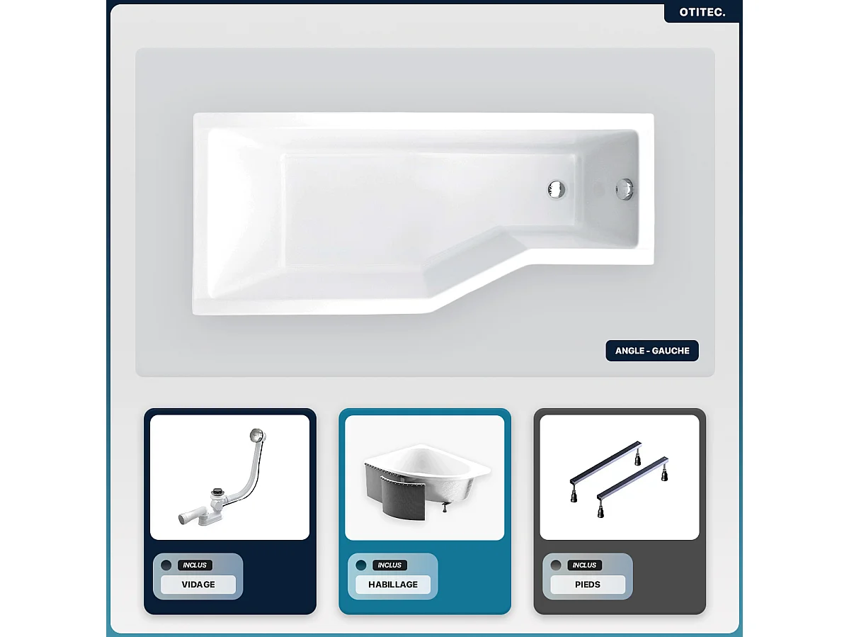 Baignoire asymétrique - 150 x 75 cm - Gauche - avec Habillage - Pieds - Vidage Chrome - INTEGRA