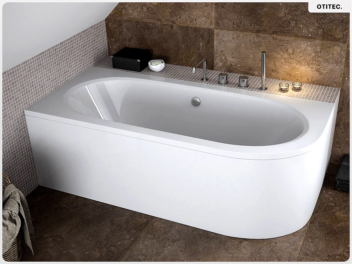 Baignoire asymétrique - 170 x 75 cm - Gauche - sans Habillage - avec Pieds - Repose-tête - Étagère bambou - Vidage Chrome - AVITA