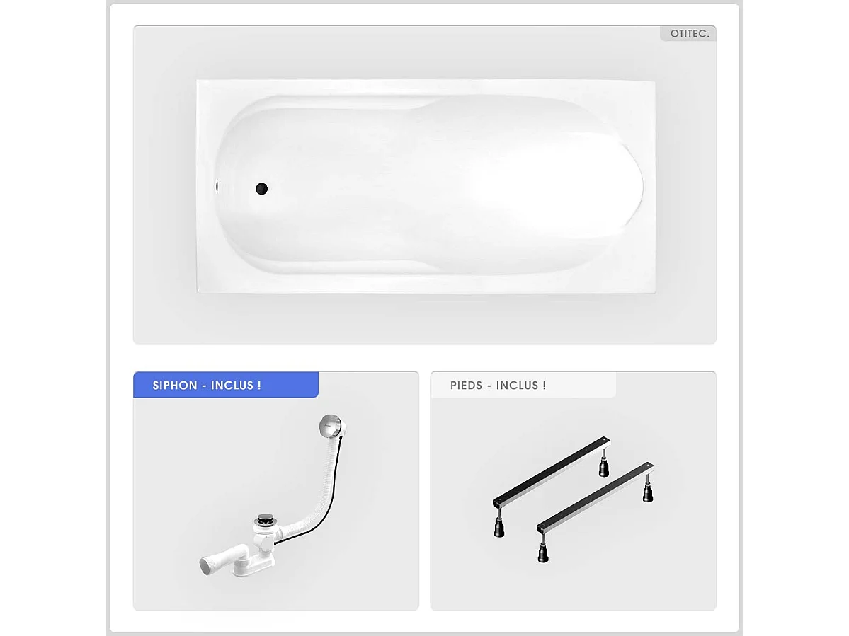 Baignoire rectangulaire - 190 x 80 cm - sans Habillage - avec Pieds - Vidage Chrome - BONA