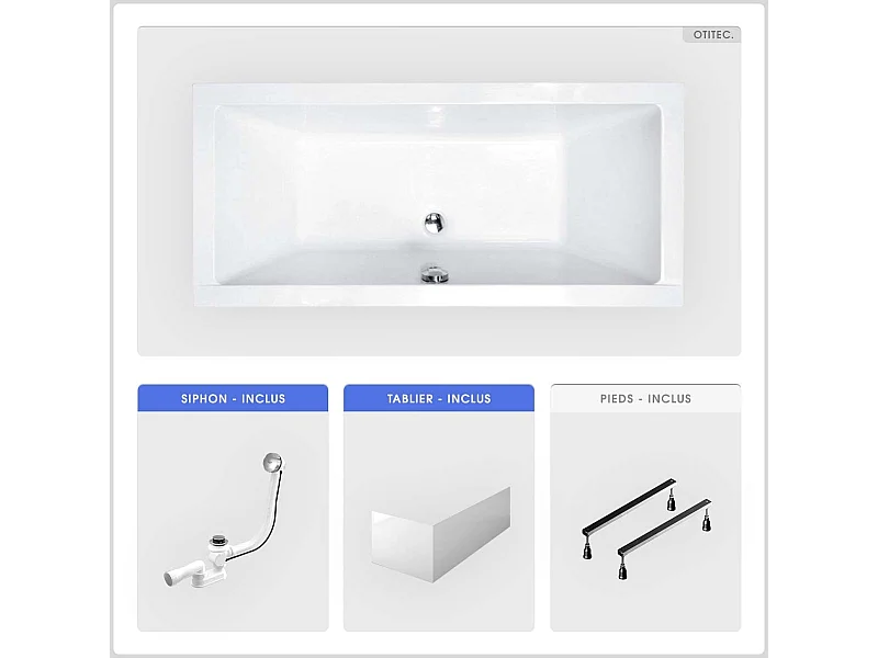 Baignoire rectangulaire - 175 x 80 cm - avec Tablier - Pieds - Vidage Chrome - QUADRO