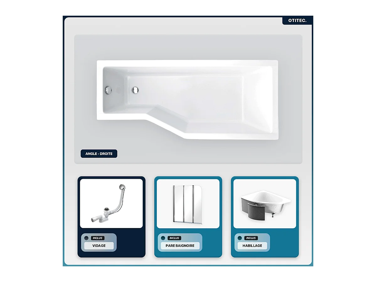 Baignoire asymétrique - 170 x 75 cm - Droite - avec Habillage - Pieds - Pare Baignoire 3 Volets - Vidage Chrome - INTEGRA