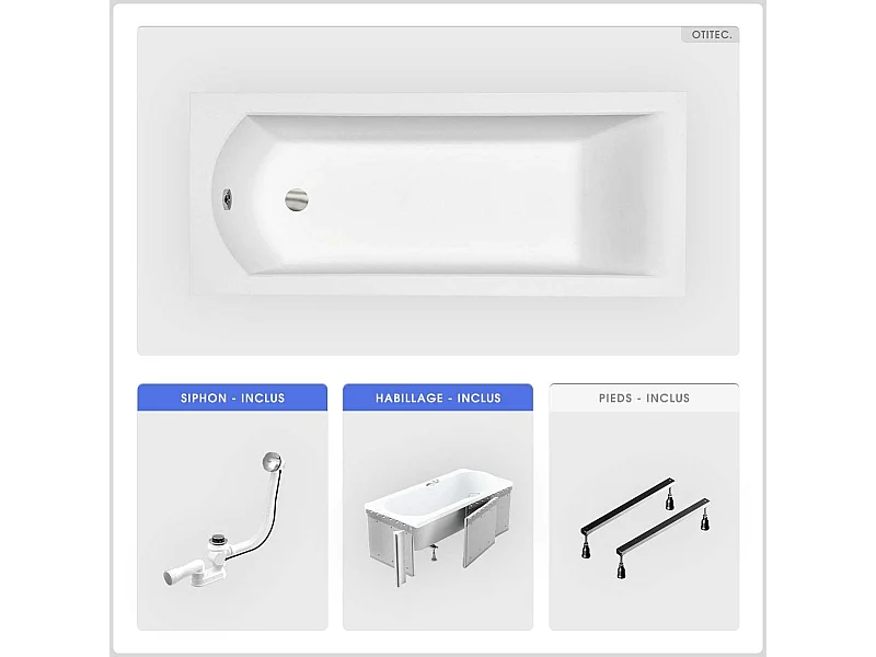 Baignoire rectangulaire - 140 x 70 cm - avec Habillage (4 cm) - Pieds - Vidage Chrome - SHEA SLIM
