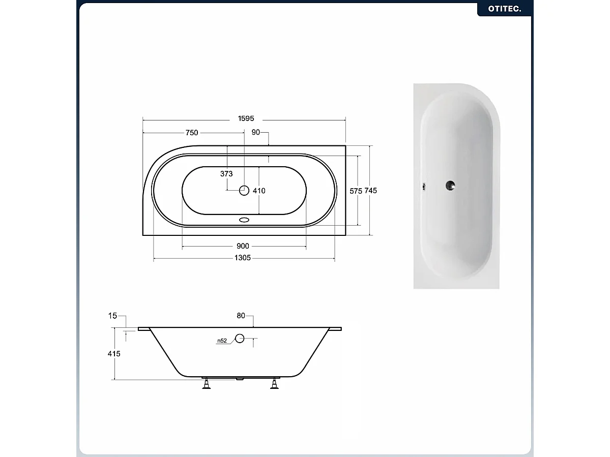 Baignoire asymétrique - 160 x 75 cm - Gauche - sans Habillage - avec Pieds - Vidage Chrome - AVITA SLIM