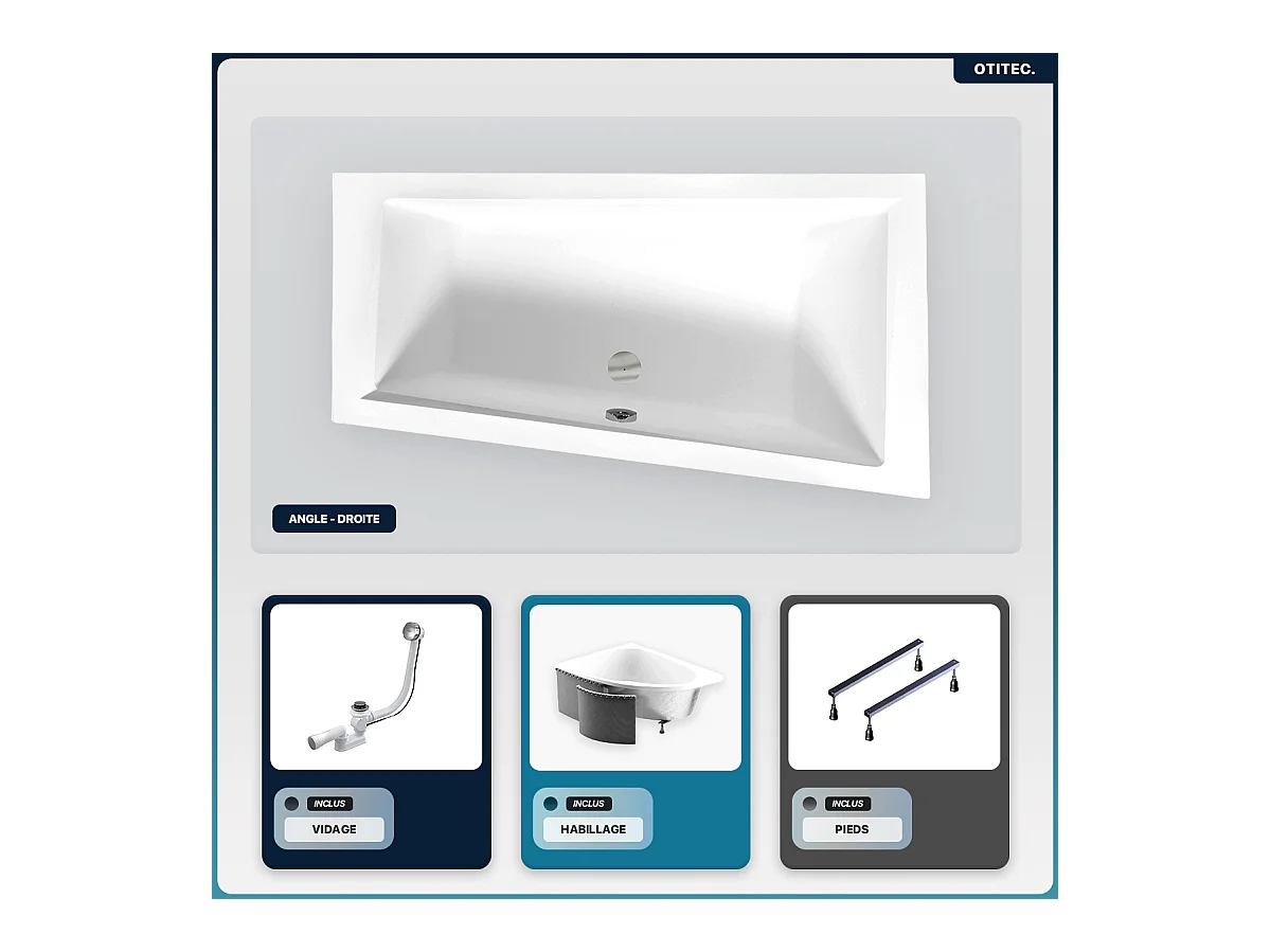 Baignoire asymétrique - 150 x 85 cm - Droite - avec Habillage - Pieds - Vidage Chrome - INTIMA SLIM