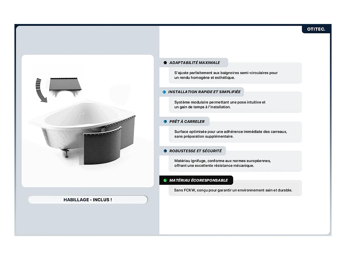 Baignoire asymétrique - 150 x 85 cm - Droite - avec Habillage - Pieds - Vidage Chrome - INTIMA SLIM