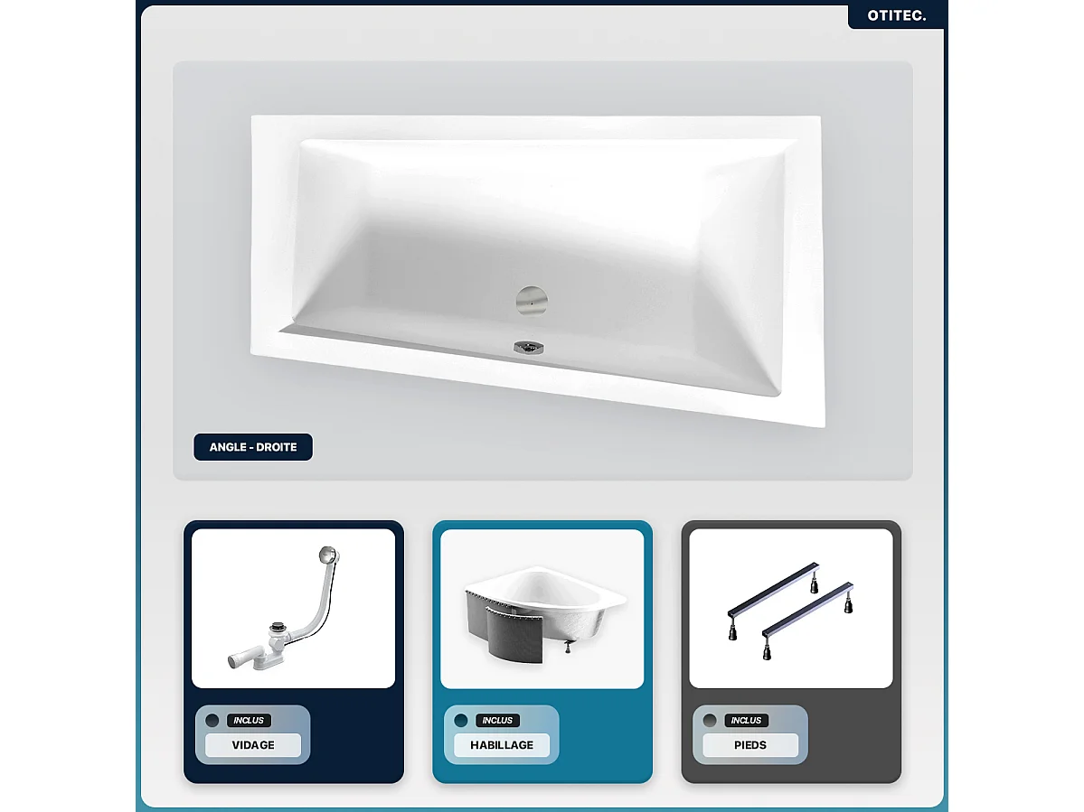 Baignoire asymétrique - 150 x 85 cm - Droite - avec Habillage - Pieds - Vidage Chrome - INTIMA SLIM