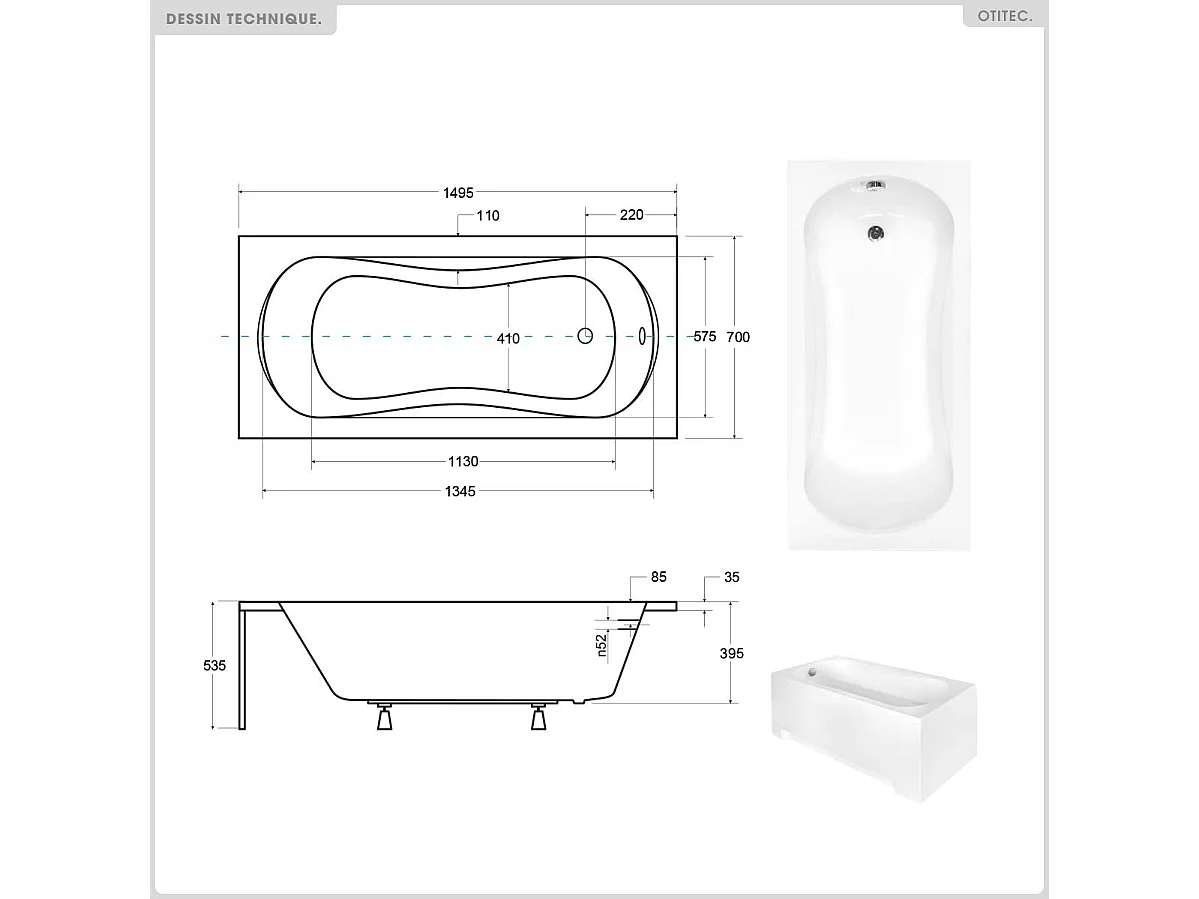 Baignoire rectangulaire - 150 x 70 cm - avec Habillage - Pieds - Vidage Chrome - ARIA