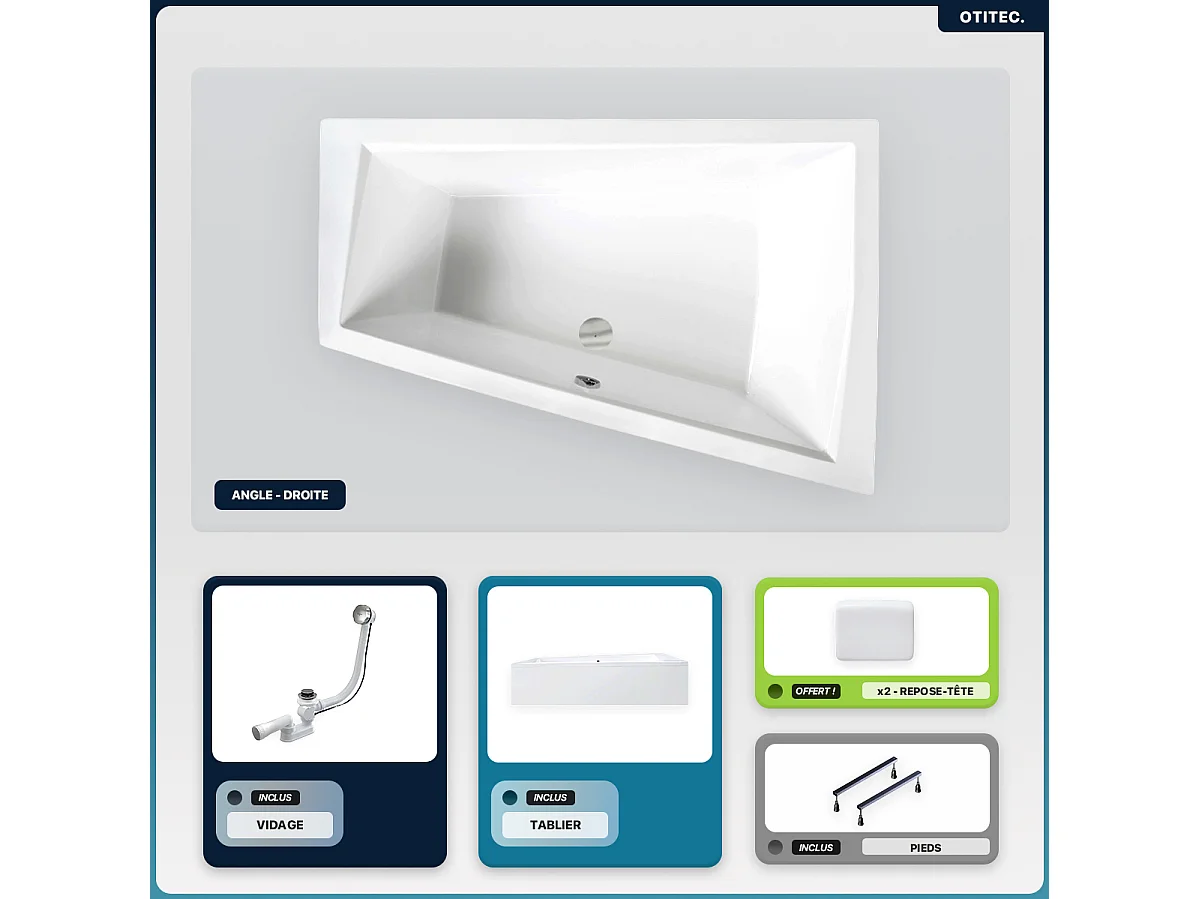 Baignoire asymétrique - 180 x 125 cm - Droite - avec Tablier - Pieds - 2 Repose-têtes - Vidage Chrome - INTIMA DUO