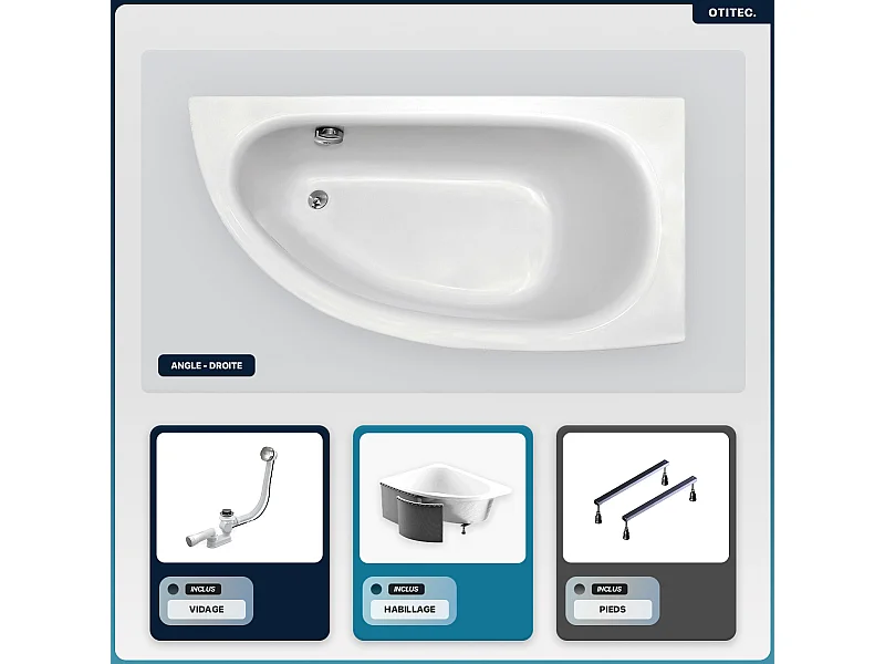 Baignoire asymétrique - 150 x 70 cm - Droite - avec Habillage - Pieds - Vidage Chrome - MILENA