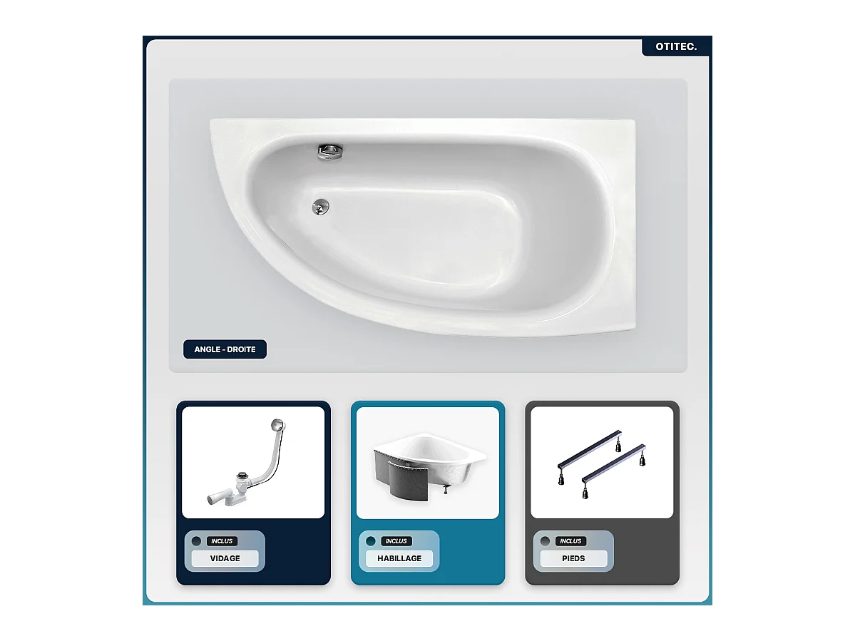 Baignoire asymétrique - 150 x 70 cm - Droite - avec Habillage - Pieds - Vidage Chrome - MILENA