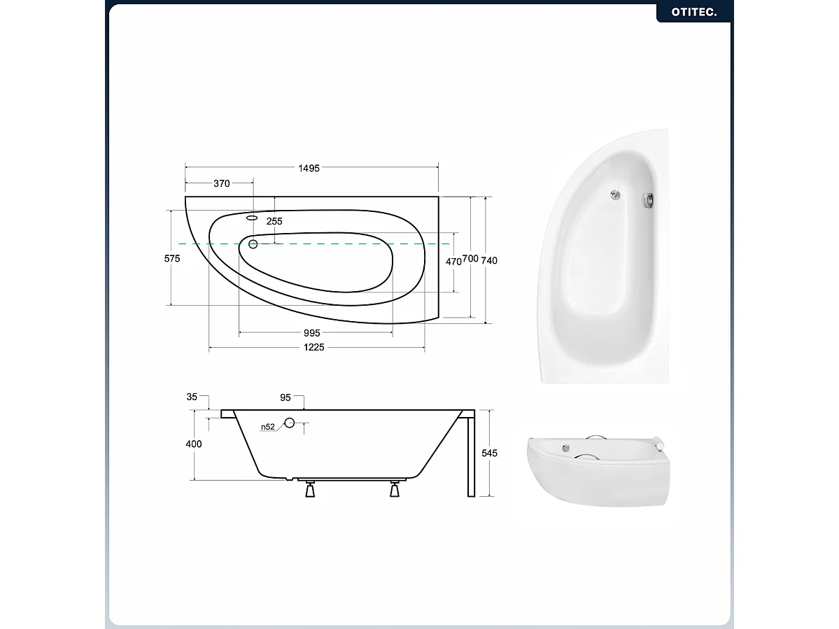 Baignoire asymétrique - 150 x 70 cm - Droite - avec Habillage - Pieds - Vidage Chrome - MILENA