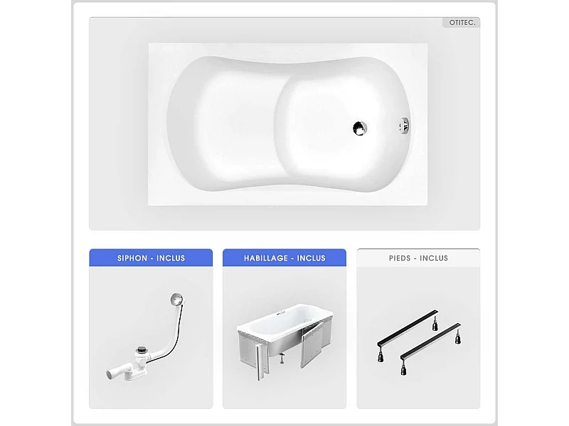 Baignoire rectangulaire - 120 x 70 cm - avec Habillage - Pieds - Poignées - Vidage Chrome - ARIA REHAB