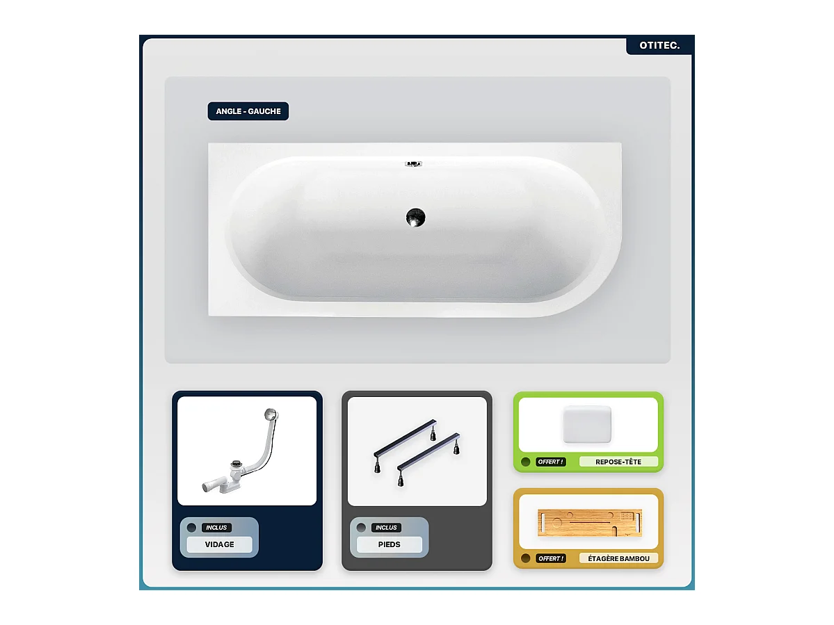Baignoire asymétrique - 160 x 75 cm - Gauche - sans Habillage - avec Pieds - Repose-tête - Étagère bambou - Vidage Chrome - AVITA