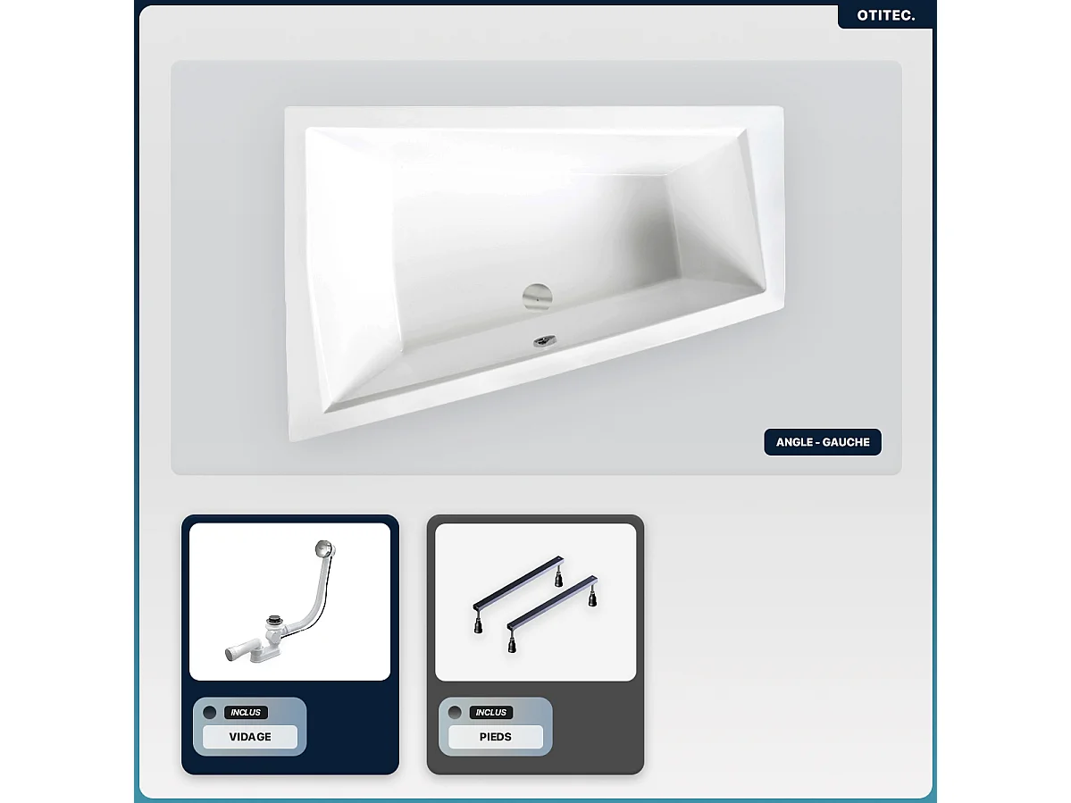 Baignoire asymétrique - 180 x 125 cm - Gauche - sans Habillage - avec Pieds - Vidage Chrome - INTIMA DUO