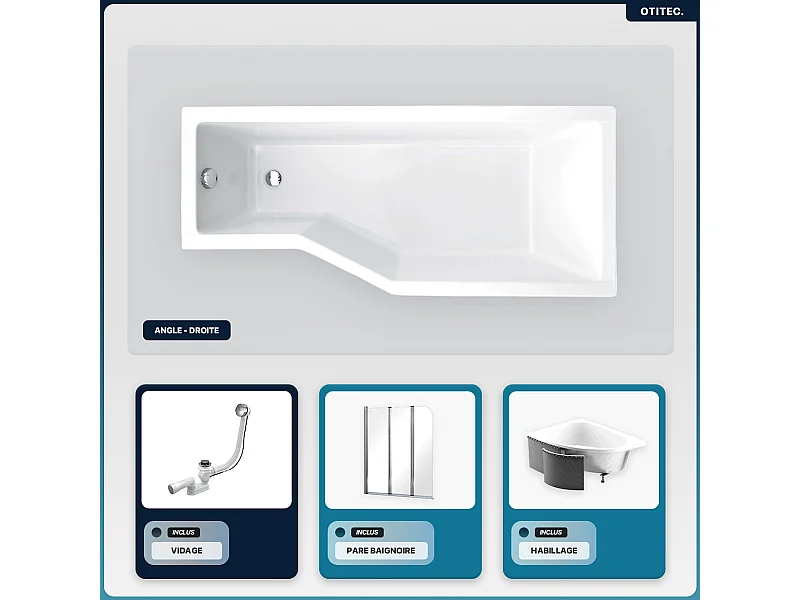 Baignoire asymétrique - 150 x 75 cm - Droite - avec Habillage - Pieds - Pare Baignoire 3 Volets - Vidage Chrome - INTEGRA