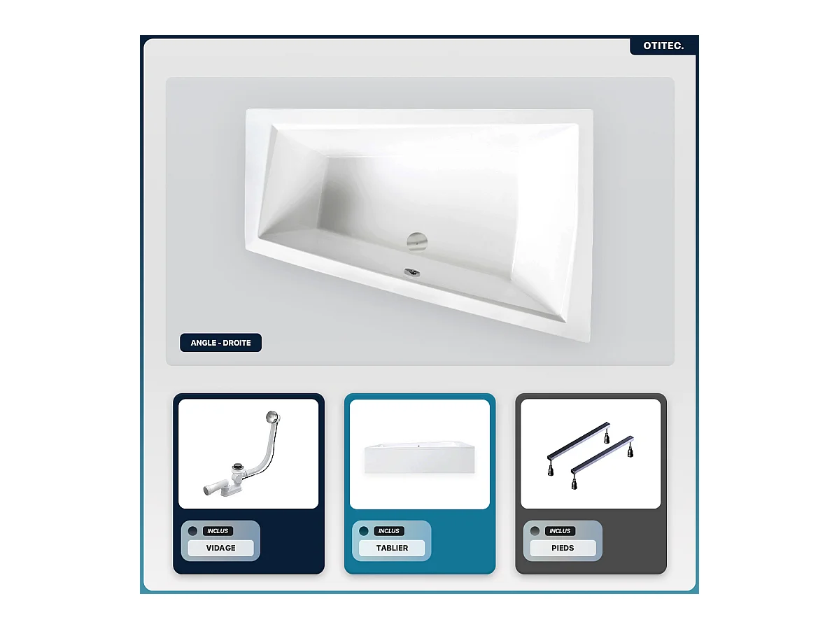 Baignoire asymétrique - 180 x 125 cm - Droite - avec Tablier - Pieds - Vidage Chrome - INTIMA DUO