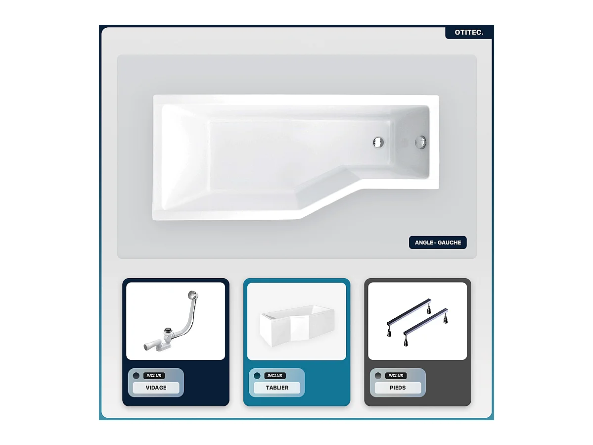 Baignoire asymétrique - 150 x 75 cm - Gauche - avec Tablier - Pieds - Vidage Chrome - INTEGRA