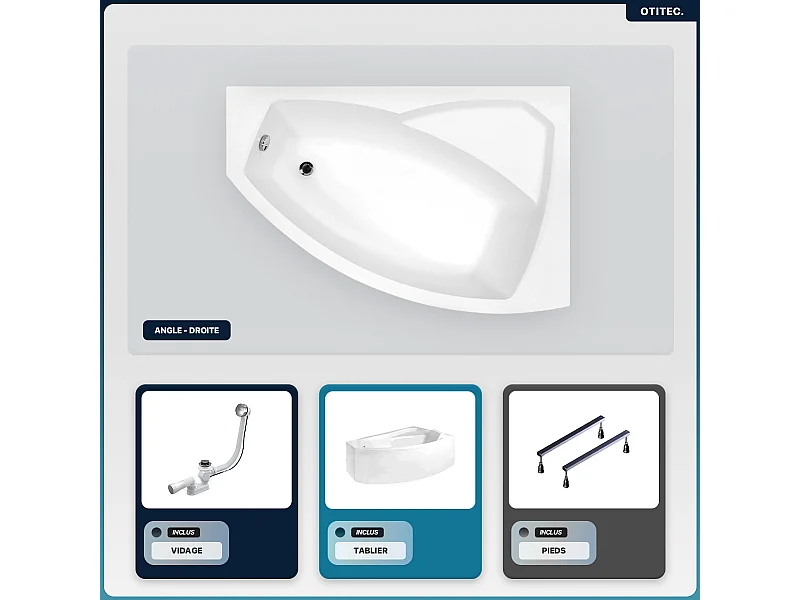 Baignoire asymétrique - 140 x 90 cm - Droite - avec Tablier - Pieds - Vidage Chrome - RIMA