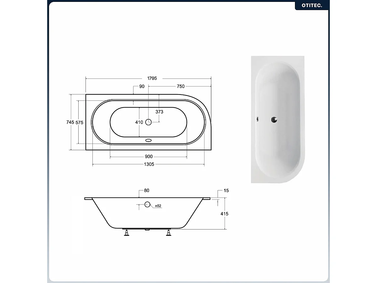 Baignoire asymétrique - 180 x 80 cm - Droite - sans Habillage - avec Pieds - Vidage Chrome - AVITA SLIM
