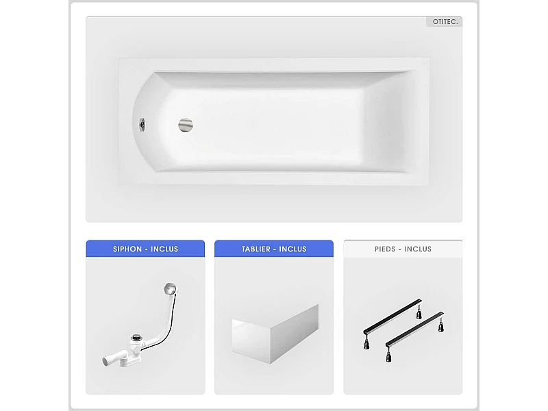 Baignoire rectangulaire - 170 x 70 cm - avec Tablier - Pieds - Vidage Chrome - SHEA