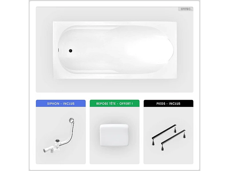Baignoire rectangulaire - 160 x 70 cm - sans Habillage - avec Pieds - Repose-tête - Vidage Chrome - BONA