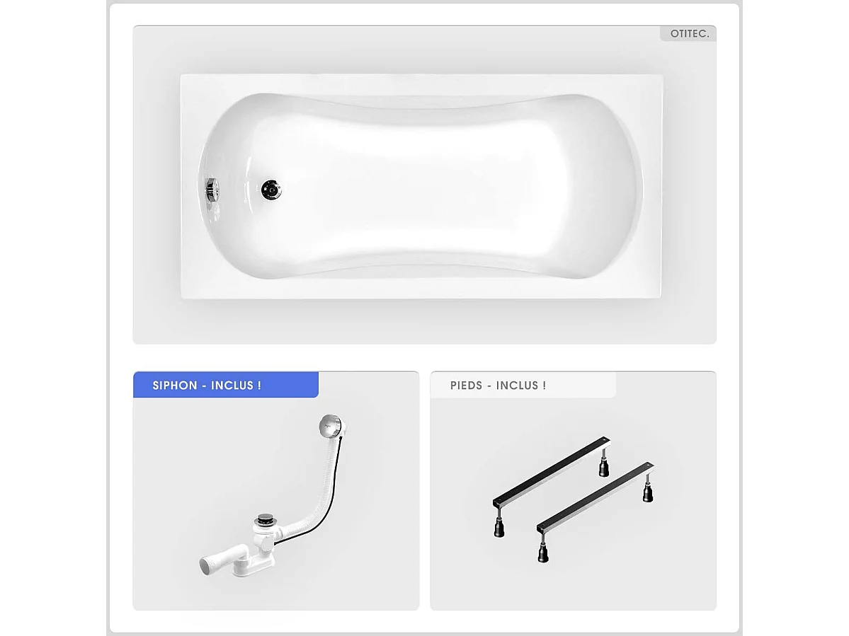 Baignoire rectangulaire - 150 x 70 cm - sans Habillage - avec Pieds - Vidage Chrome - ARIA