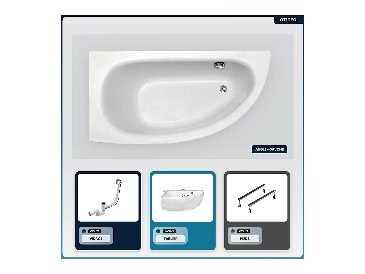 Baignoire asymétrique - 150 x 70 cm - Gauche - avec Tablier - Pieds - Vidage Chrome - MILENA