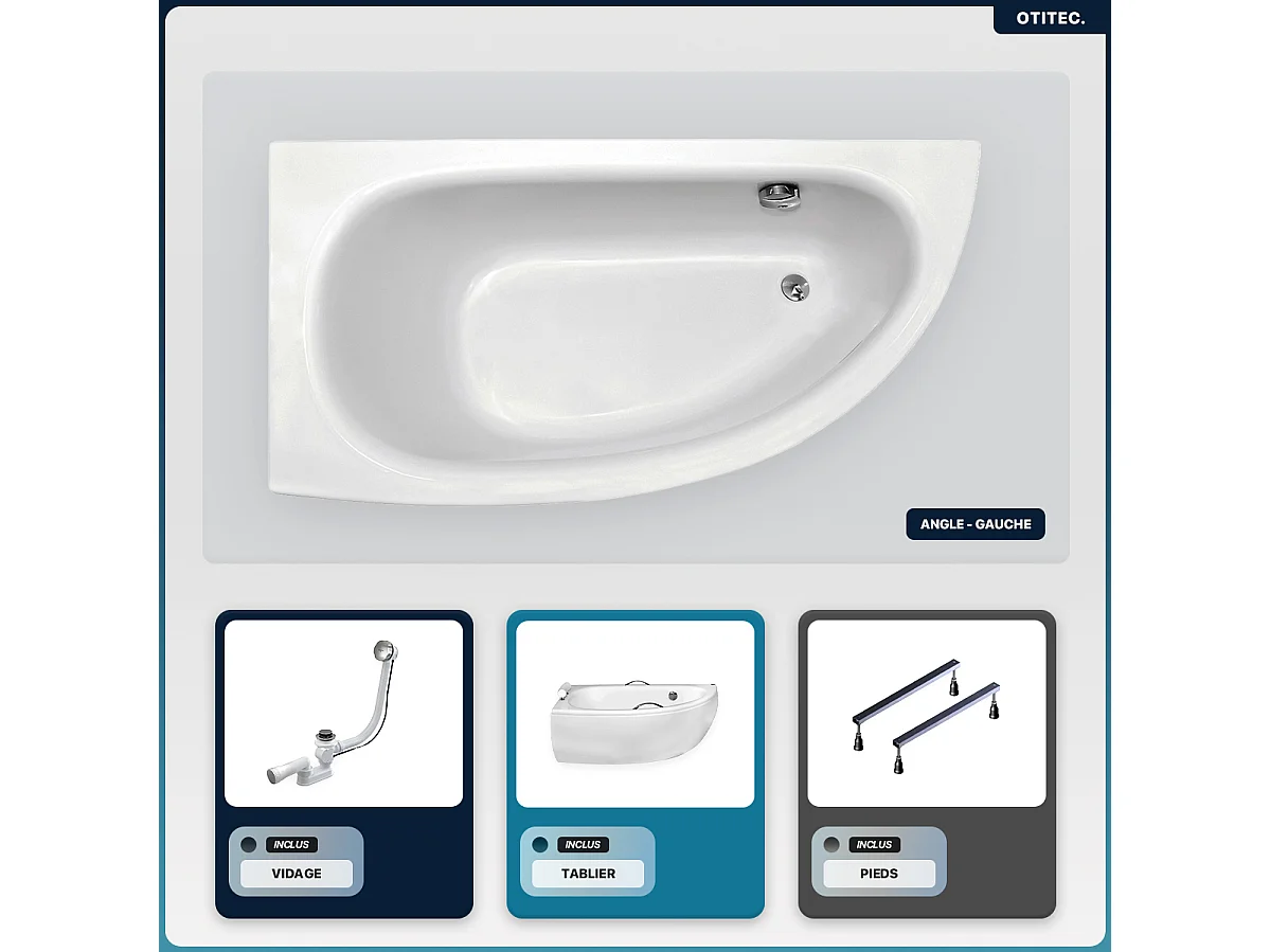 Baignoire asymétrique - 150 x 70 cm - Gauche - avec Tablier - Pieds - Vidage Chrome - MILENA