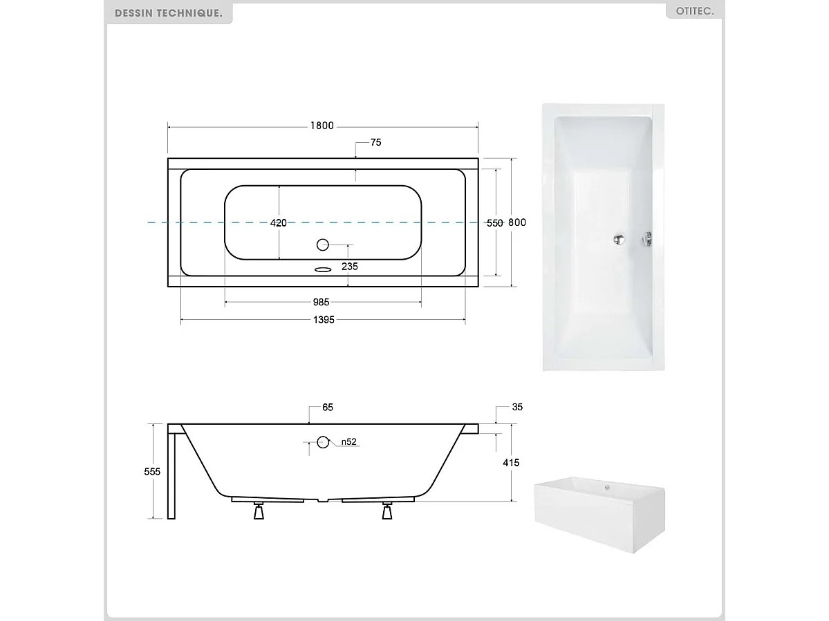 Baignoire rectangulaire - 180 x 80 cm - sans Habillage - avec Pieds - Vidage Chrome - QUADRO