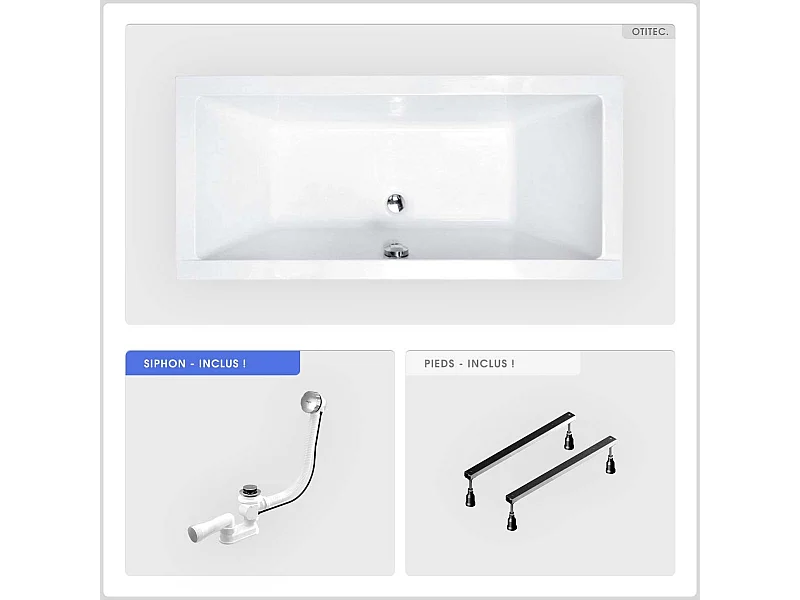 Baignoire rectangulaire - 180 x 80 cm - sans Habillage - avec Pieds - Vidage Chrome - QUADRO