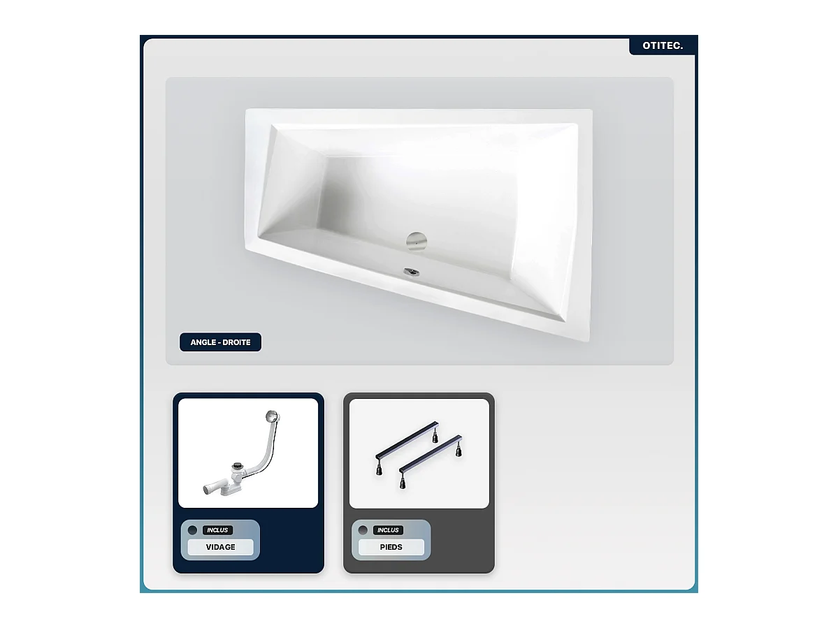 Baignoire asymétrique - 180 x 125 cm - Droite - sans Habillage - avec Pieds - Vidage Chrome - INTIMA DUO SLIM