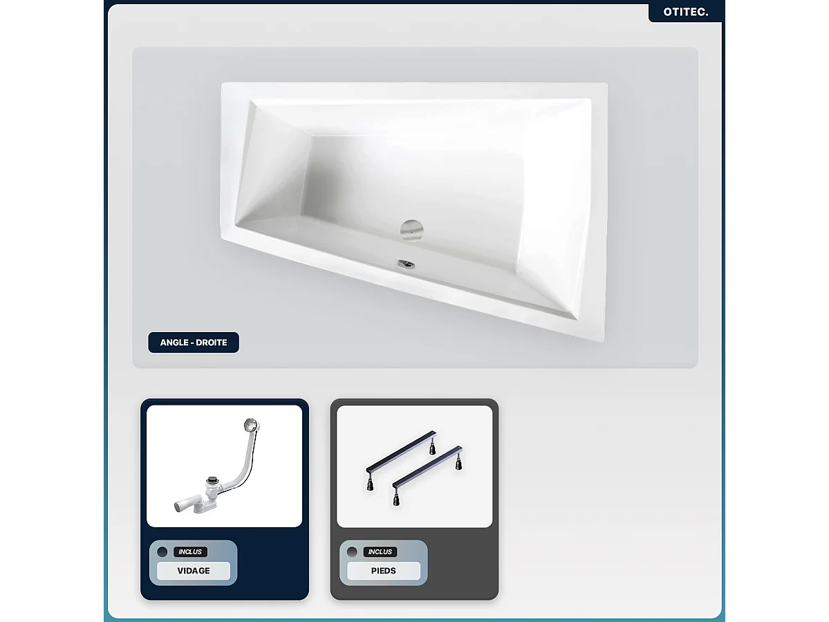 Baignoire asymétrique - 180 x 125 cm - Droite - sans Habillage - avec Pieds - Vidage Chrome - INTIMA DUO SLIM