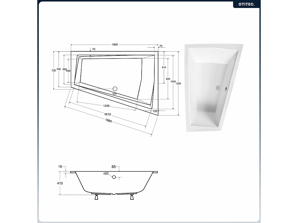 Baignoire asymétrique - 180 x 125 cm - Droite - sans Habillage - avec Pieds - Vidage Chrome - INTIMA DUO SLIM