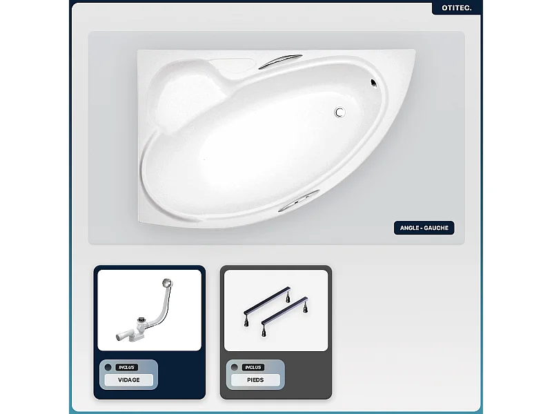 Baignoire asymétrique - 150 x 95 cm - Gauche - sans Habillage - avec Pieds - Vidage Chrome - BIANKA