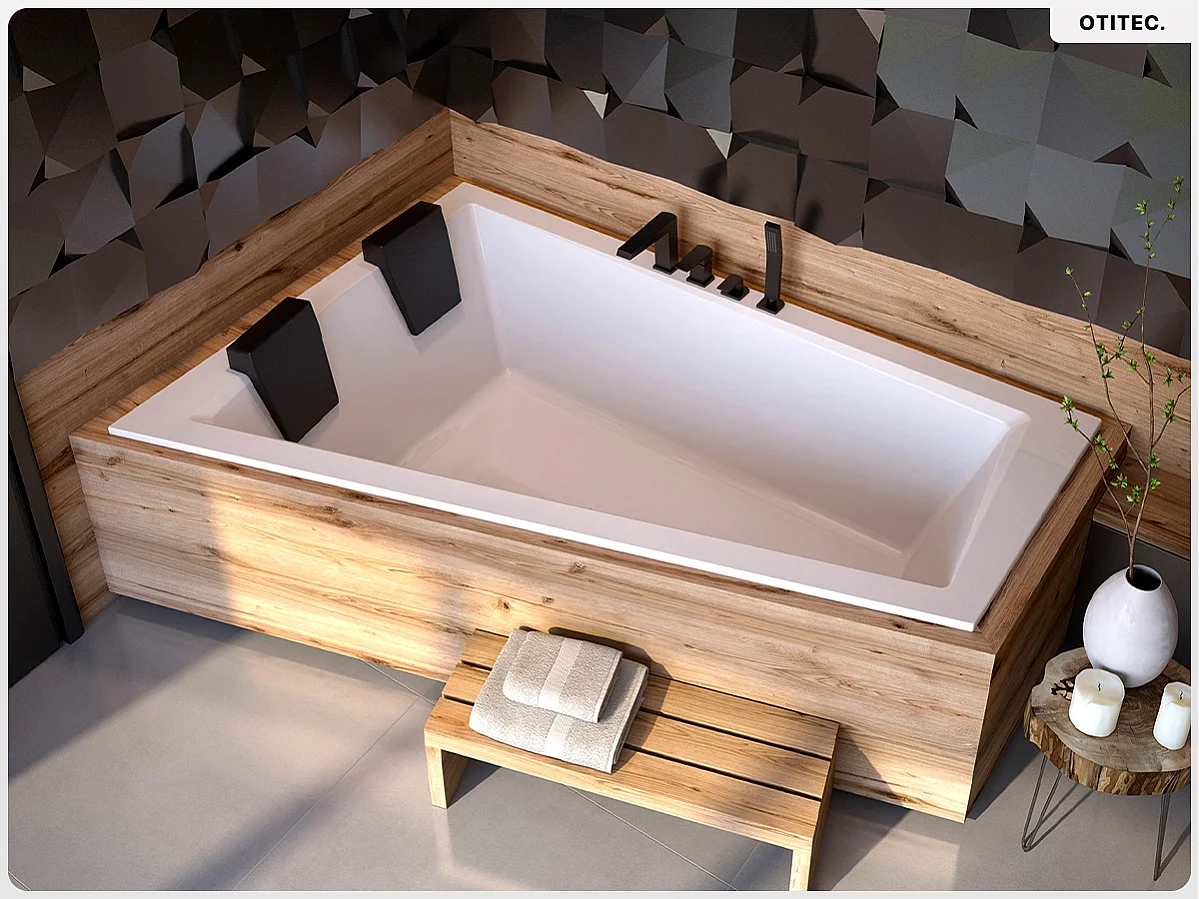 Baignoire asymétrique - 180 x 125 cm - Gauche - avec Habillage - Pieds - 2 Repose-têtes - Vidage Chrome - INTIMA DUO SLIM