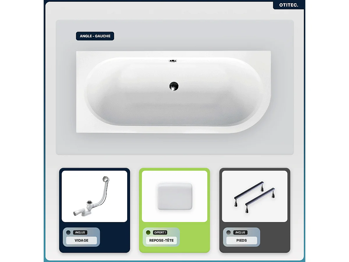 Baignoire asymétrique - 170 x 75 cm - Gauche - sans Habillage - avec Pieds - Repose-tête - Vidage Chrome - AVITA