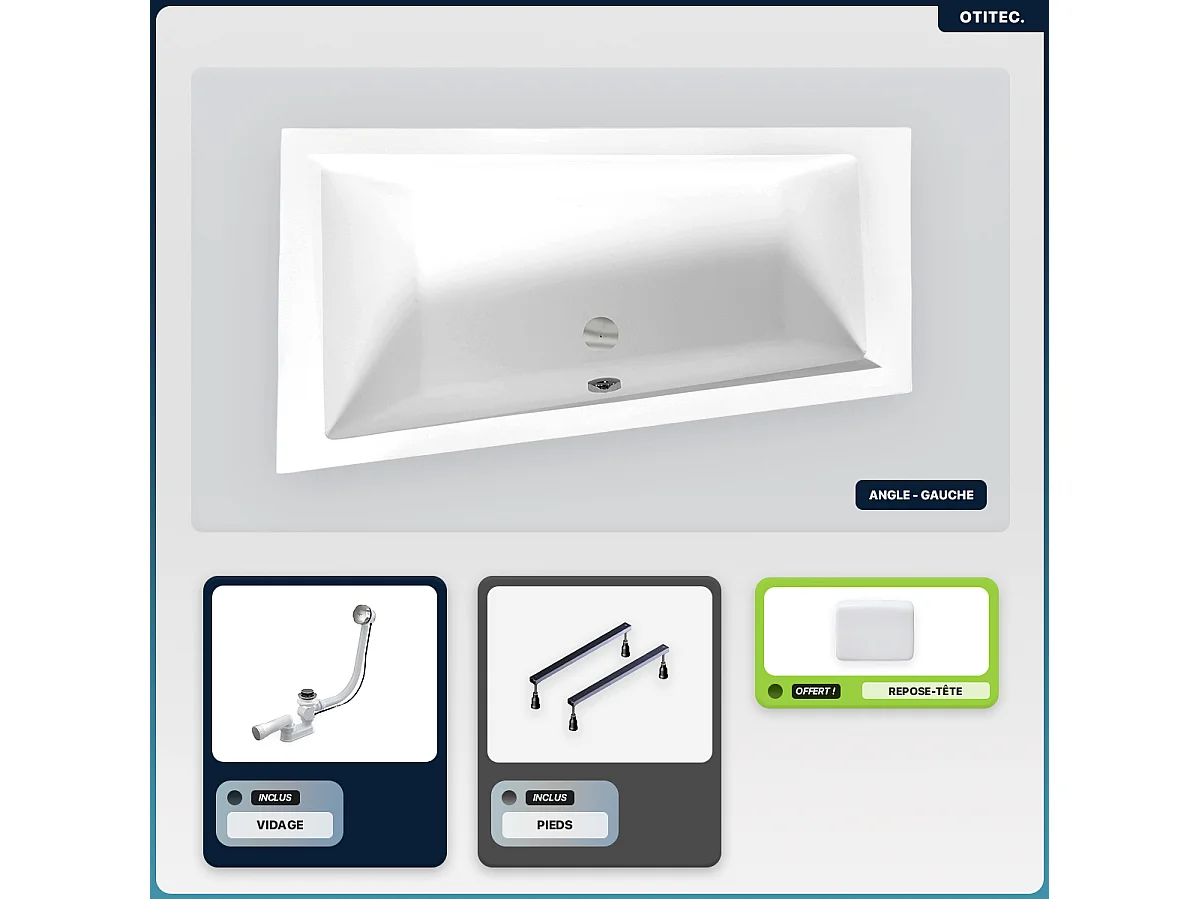 Baignoire asymétrique - 150 x 85 cm - Droite - sans Habillage - avec Pieds - Repose-tête - Vidage Chrome - INTIMA