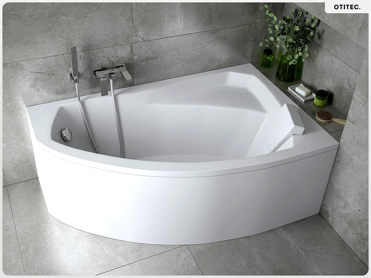Baignoire asymétrique - 140 x 90 cm - Droite - avec Habillage - Pieds - Repose-tête - Vidage Chrome - RIMA