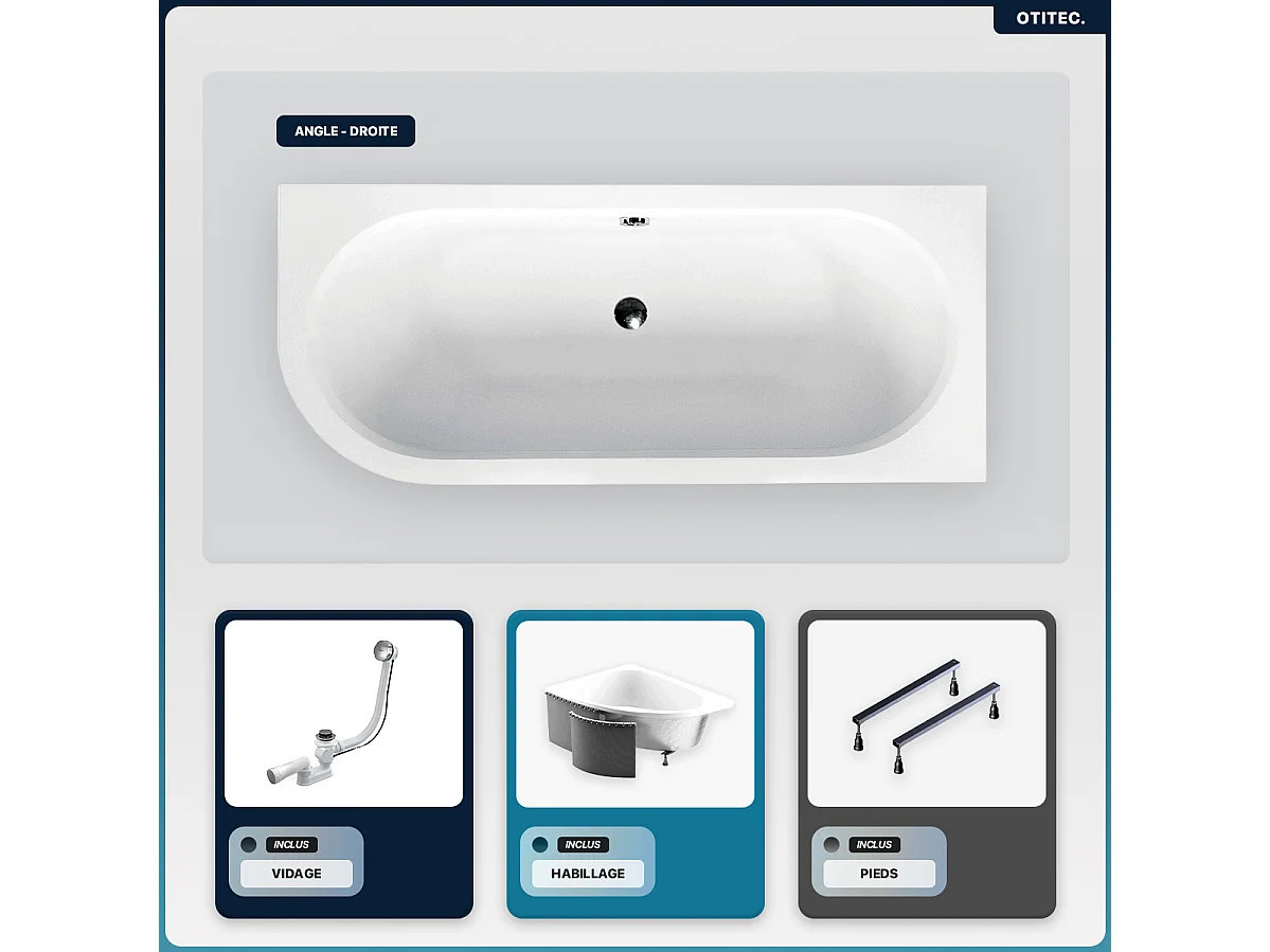 Baignoire asymétrique - 150 x 75 cm - Droite - avec Habillage - Pieds - Vidage Chrome - AVITA