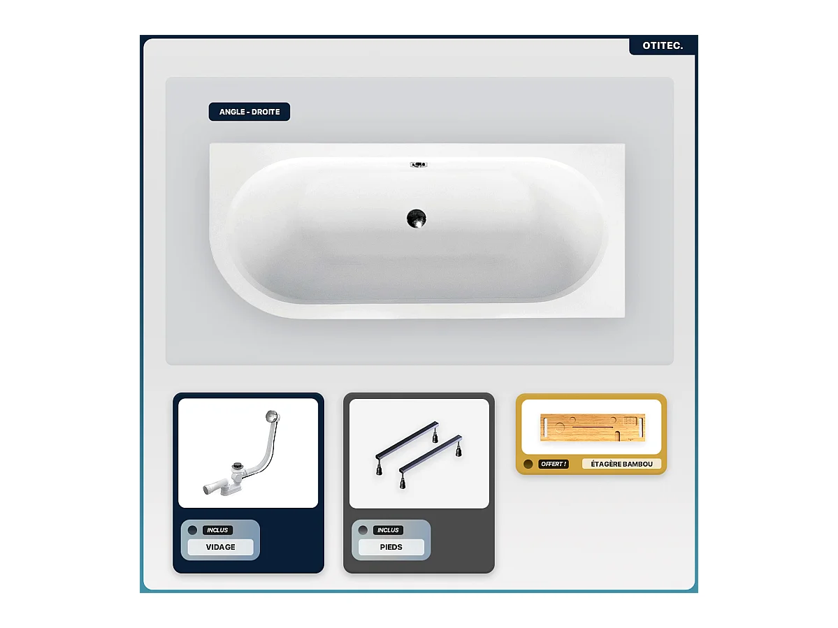 Baignoire asymétrique - 150 x 75 cm - Droite - sans Habillage - avec Pieds - Étagère bambou - Vidage Chrome - AVITA