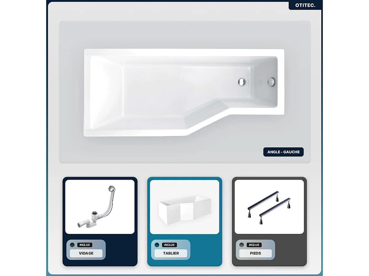 Baignoire asymétrique - 170 x 75 cm - Gauche - avec Tablier - Pieds - Vidage Chrome - INTEGRA