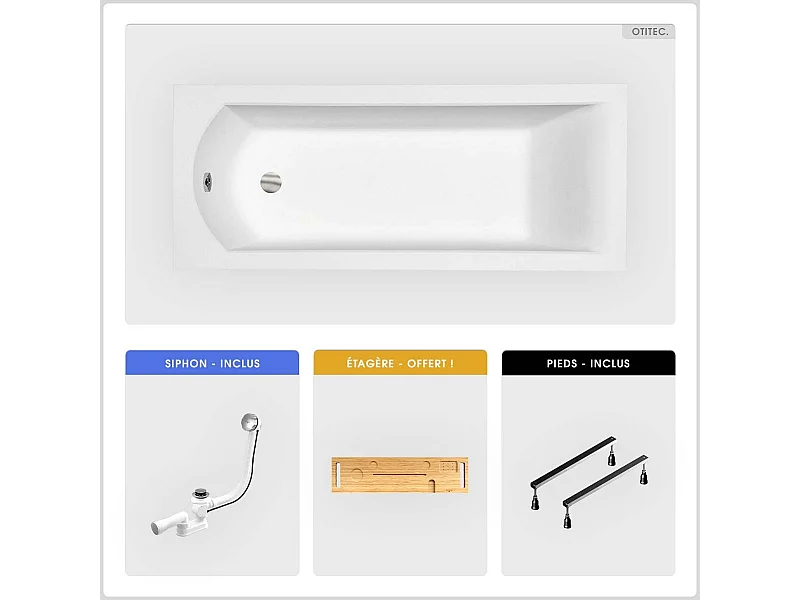 Baignoire rectangulaire - 150 x 70 cm - sans Habillage - avec Pieds - Étagère bambou - Vidage Chrome - SHEA