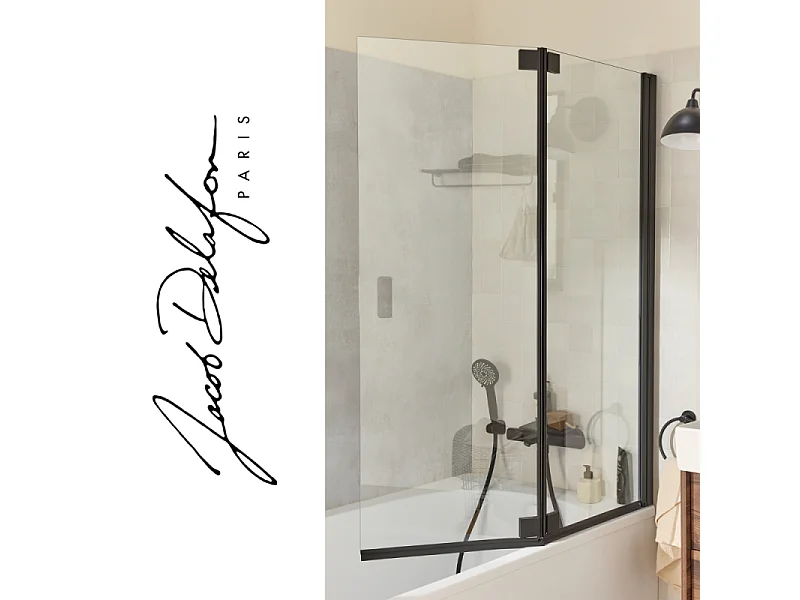 Baignoire bain douche 170 x 90 JACOB DELAFON Bastille vidage à droite blanc mat + tablier en niche + pare-bain noir