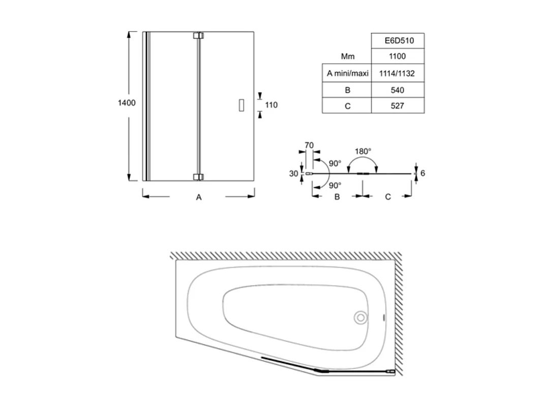 Baignoire bain douche 170 x 90 JACOB DELAFON Bastille vidage à droite blanc mat + tablier en niche + pare-bain noir