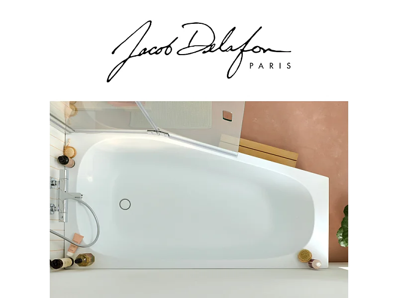 Baignoire bain douche 170 x 90 JACOB DELAFON Bastille vidage à droite blanc mat + tablier en niche + pare-bain noir