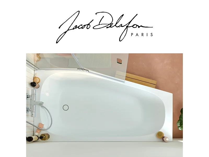 Baignoire bain douche 170 x 90 JACOB DELAFON Bastille vidage à droite blanc mat + tablier en niche + pare-bain noir
